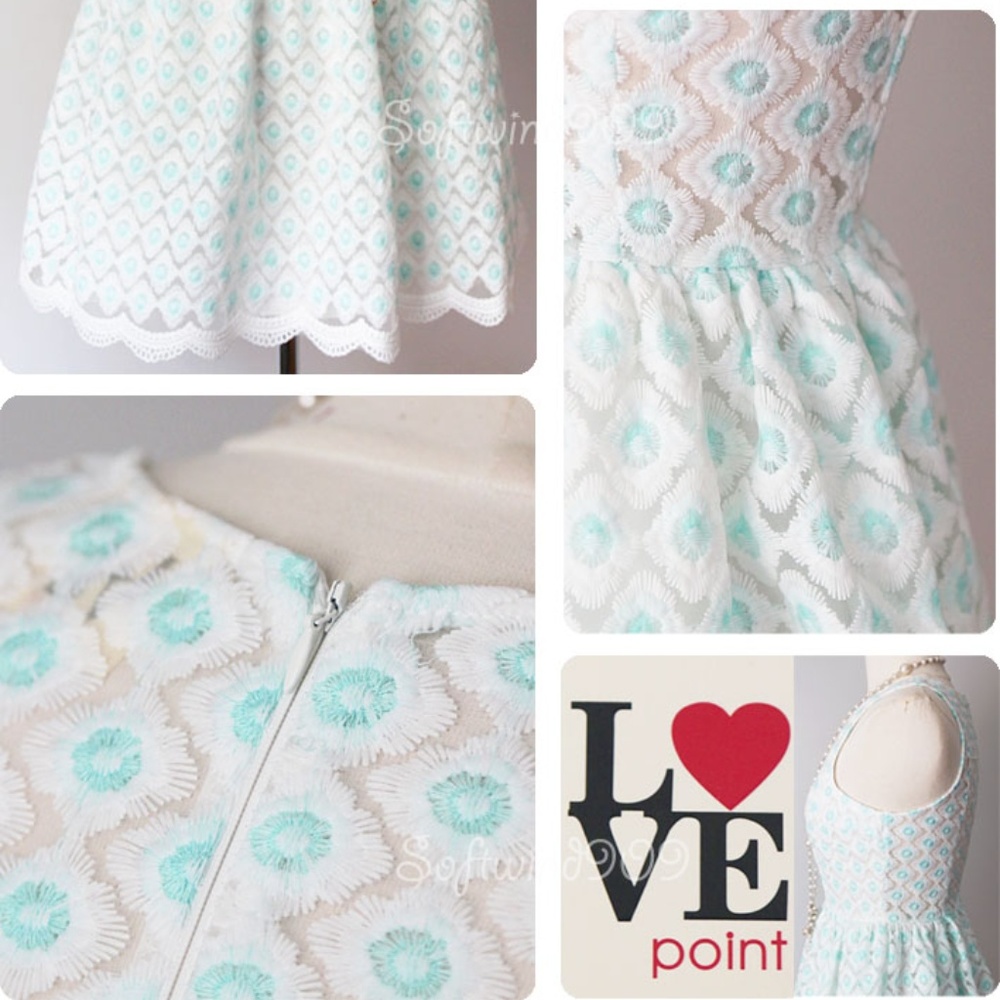 Ivory Blue Floral Embroidery Scallop Skater Dress - Picture 5 of 8